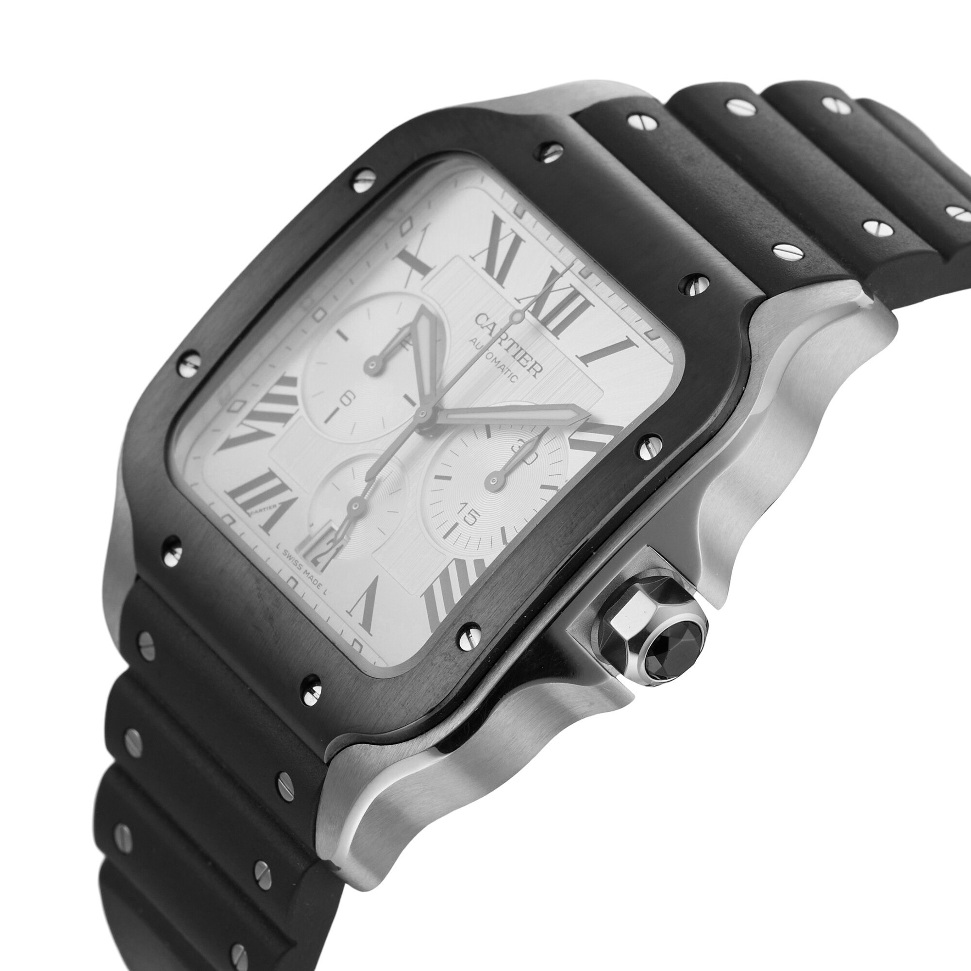 Ex-Display Cartier Santos De Cartier Chronograph Extra-Large Model, Movement, Steel, ADLC, Interchangeable Rubber And Leather Bracelets 44mm Automatic Mens Watch Ex-Display Cartier Santos De Cartier Chronograph Extra-Large Model, Movement, Steel, ADLC, Interchangeable Rubber And Leather Bracelets 44mm Automatic Mens Watch