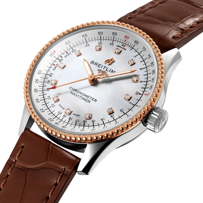 Pre-Owned Breitling Navitimer Automatic 35 Stainless Steel & 18k Red Gold Leather Strap Watch