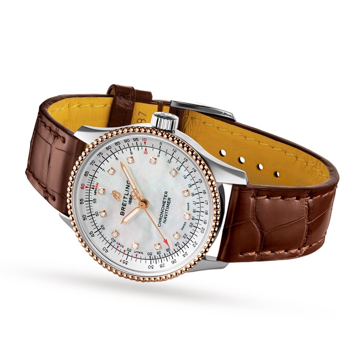 Pre-Owned Breitling Navitimer Automatic 35 Stainless Steel & 18k Red Gold Leather Strap Watch