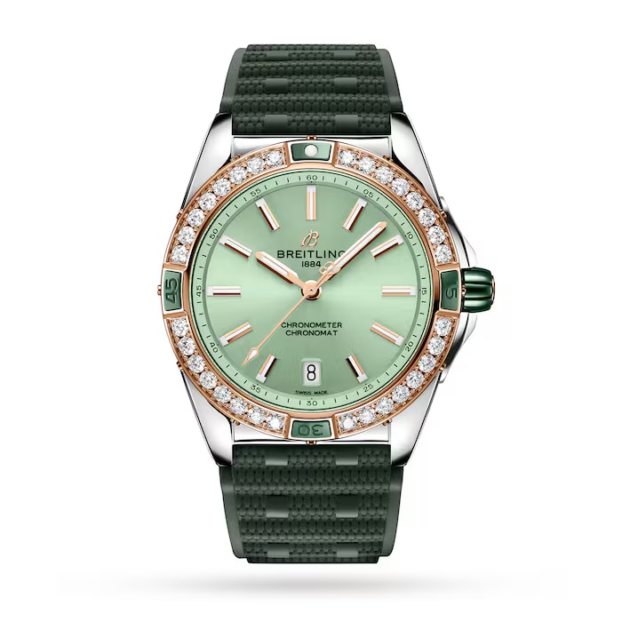 Pre-Owned Breitling Super Chronomat Automaticmatic 38 Green Stainless Stainless Steel & 18ct Rose Gold Rubber Strap Watch