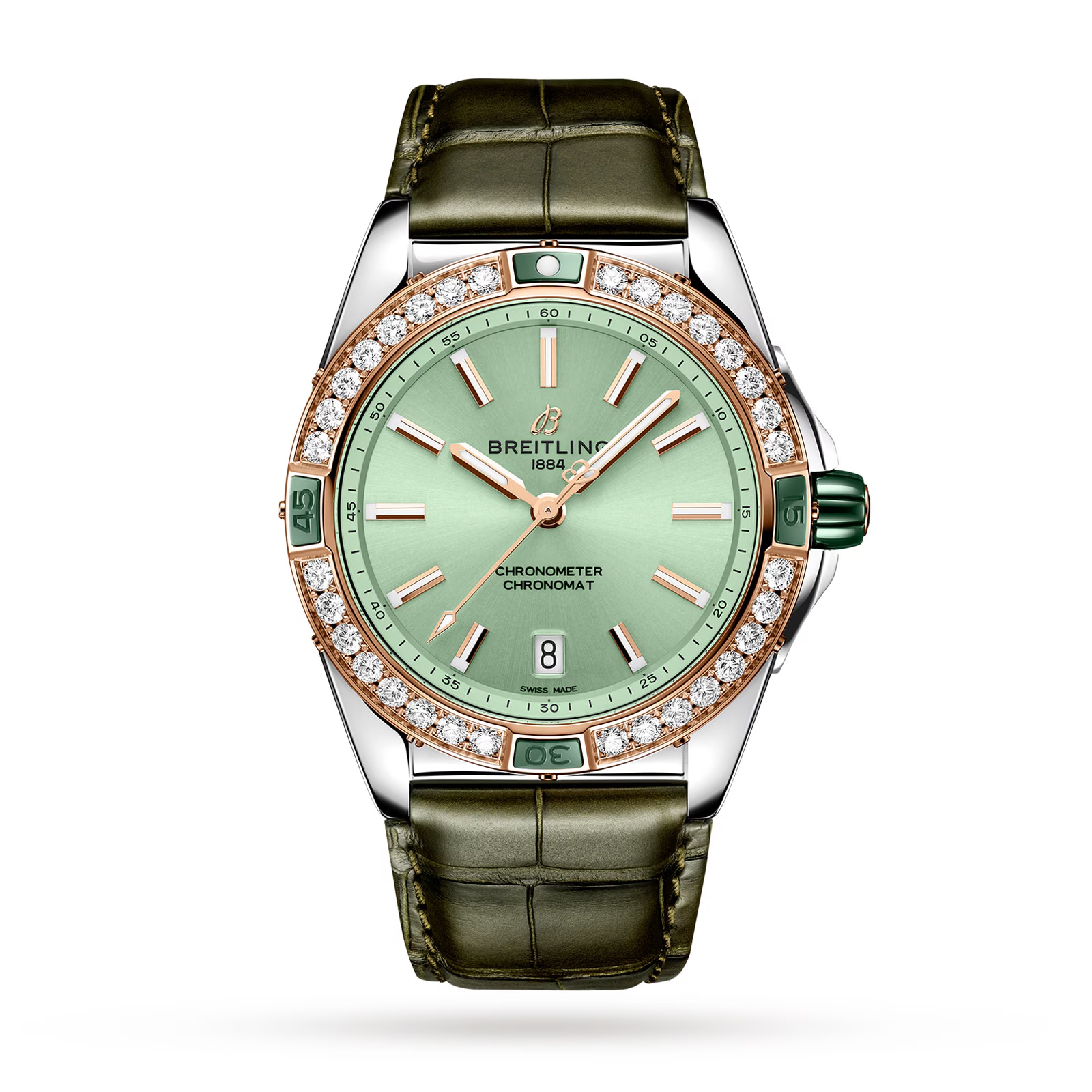 Pre-Owned Breitling Super Chronomat Automaticmatic 38 Green Stainless Stainless Steel & 18ct Rose Gold Leather Strap Watch