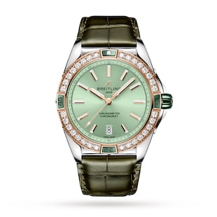 Pre-Owned Breitling Super Chronomat Automatic 38 Green Stainless Steel & 18ct Rose Gold Leather Strap Watch