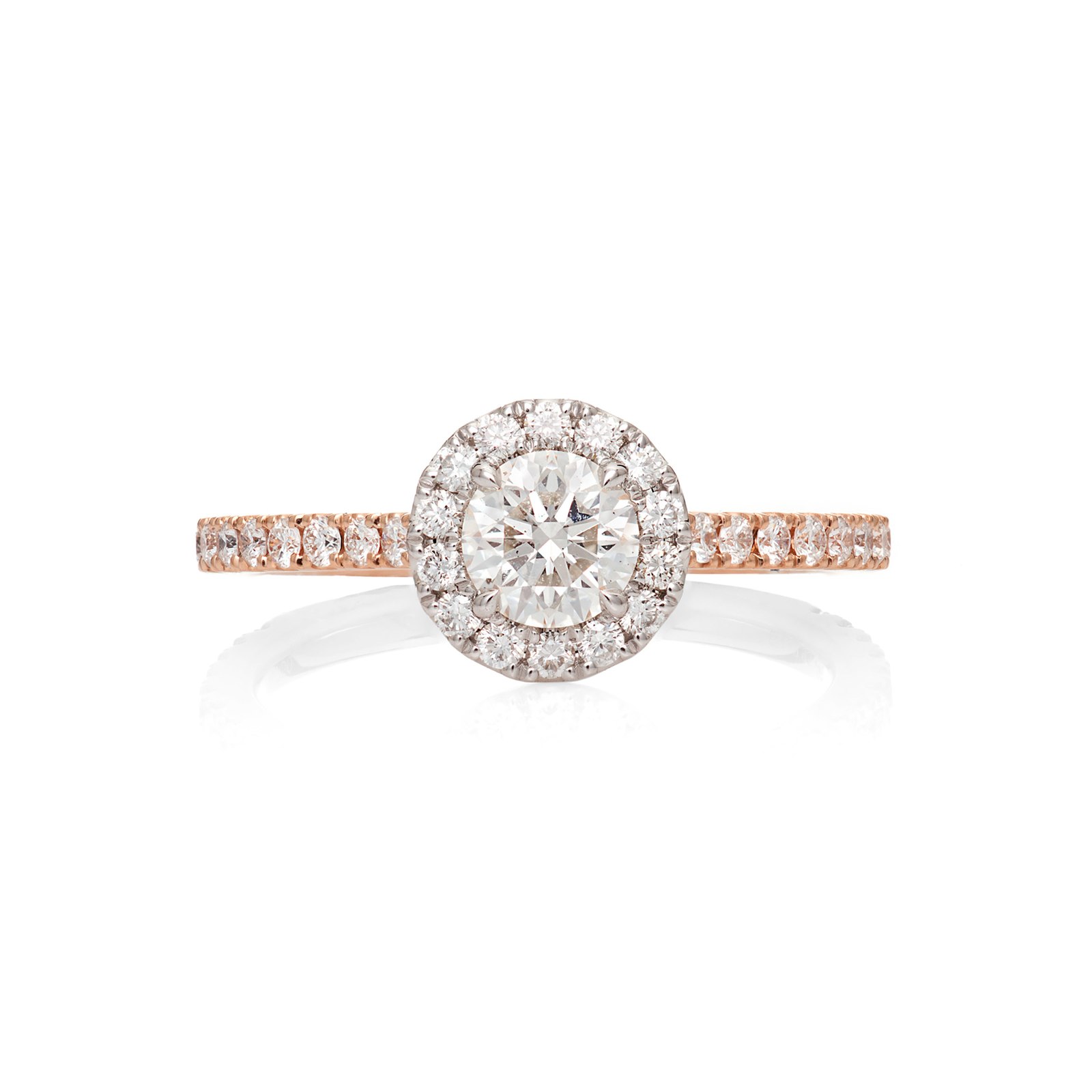 Mayors 18k Rose Gold Halo Diamond Engagement Ring with Set Shoulders