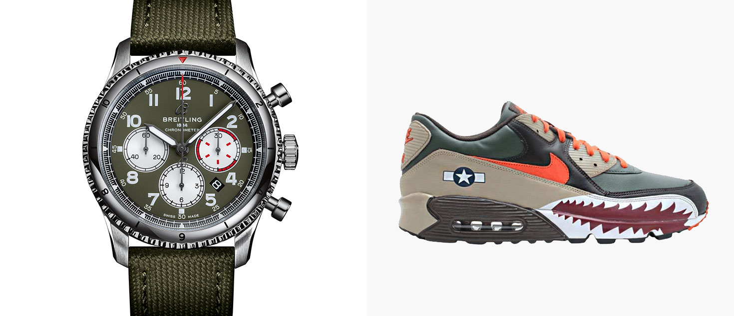 The Breitling Aviator 8 B01 Chronograph 43 Curtiss Warhawk paired with Nike Air Max Warhawk 90