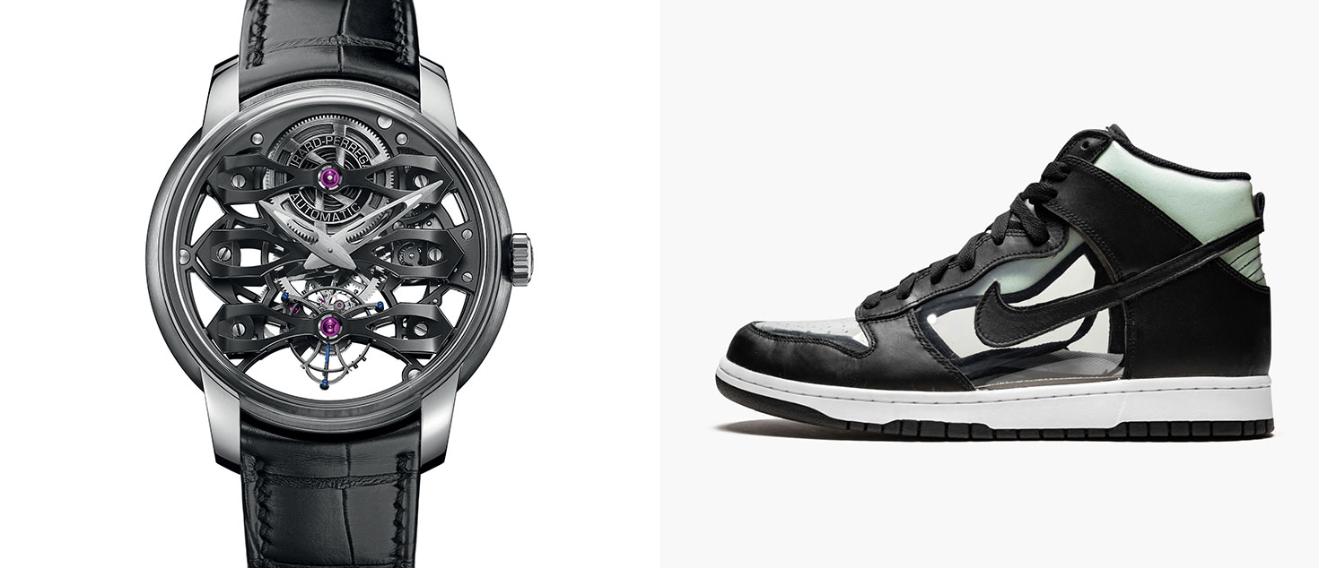 Girard-Perregaux Neo-Tourbillon with Three Bridges Skeleton paired with COMME des GARCONS x Nike Dunk High Clear