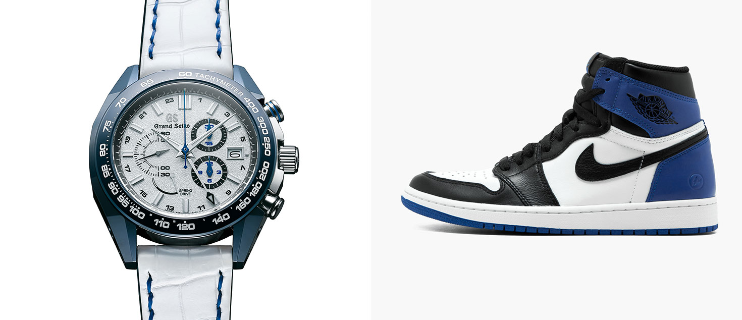 Grand Seiko Spring Drive 20th & Nissan GT-R 50th Anniversary Limited Edition paired with Fragment Design x Nike Air Jordan 1