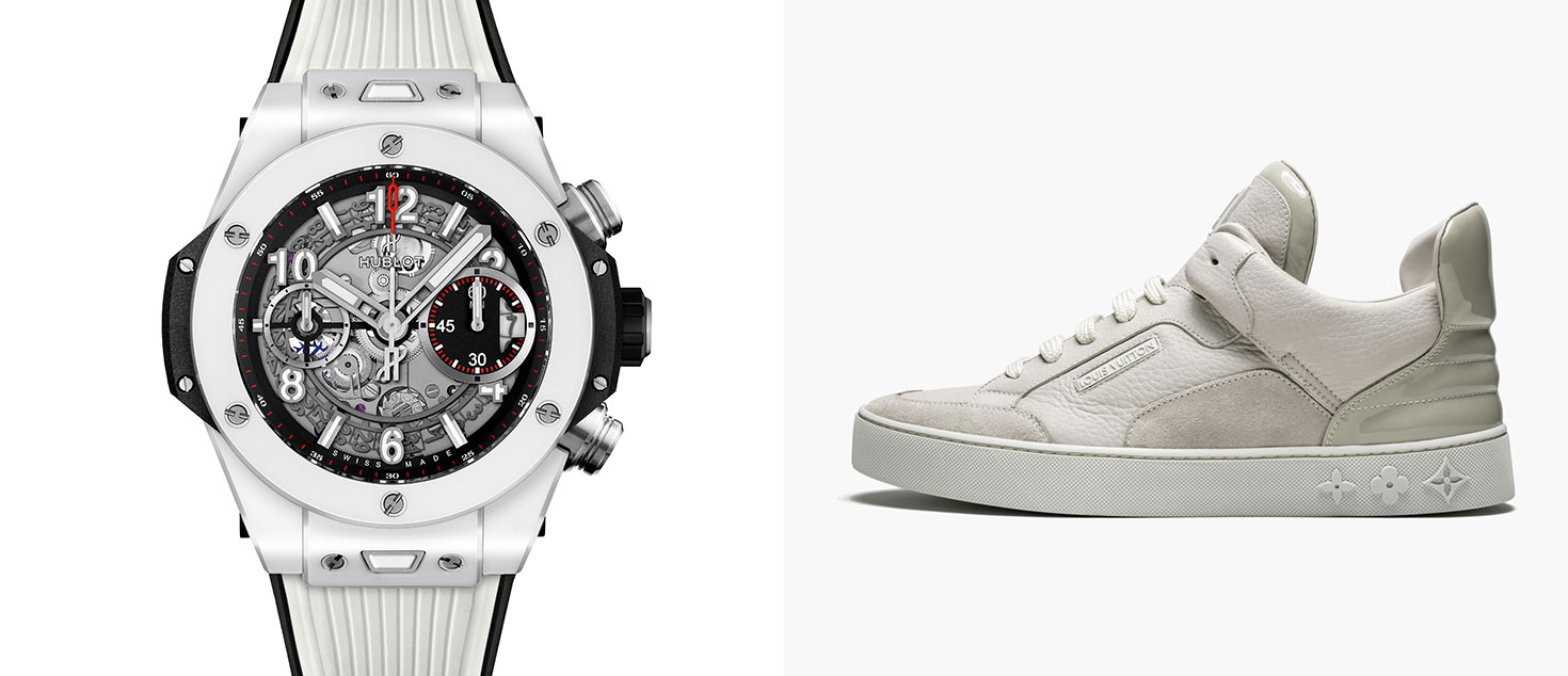 Hublot Big Bang Unico King White Ceramic paired with Kanye West x Louis Vuitton Jas Patchwork