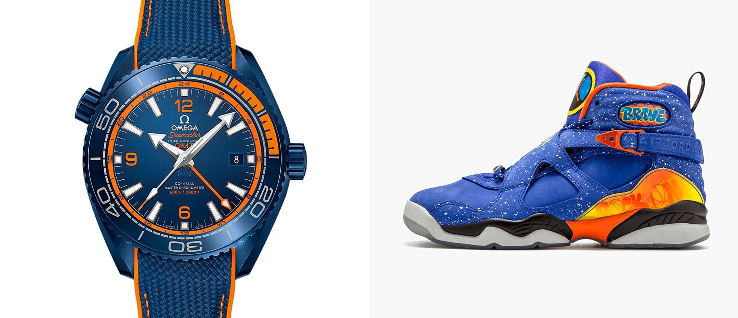 OMEGA Seamaster Planet Ocean Big Blue paired with Doernbecher x Nike Air Jordan 8 Retro